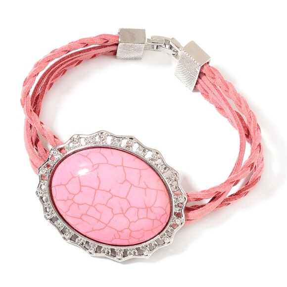 Jewelry - Pink Howlite Braided Silvertone Bracelet (7.50 In)